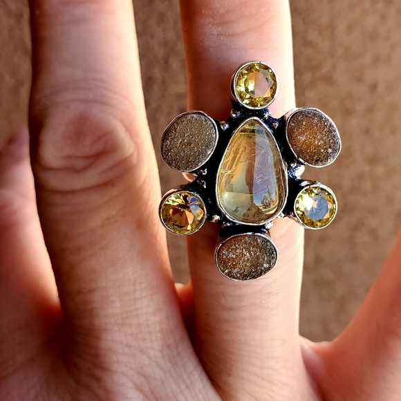 New Golden Rutile, Druzy & Citrine 925 Silver Ring. - Picture 5 of 7